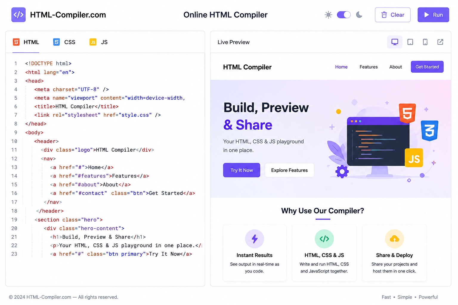Online HTML Compiler - Side-by-Side Editor and Live Preview on html-compiler.com - Compile HTML CSS JS instantly